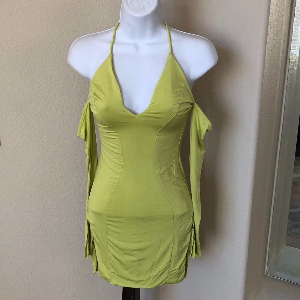 Mini Green Sleeved Halter Dress Small